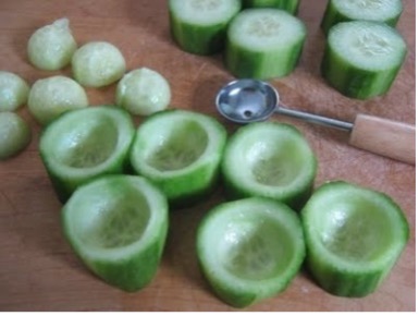 Example of cucumber slices with the inside part removed with a melon baller