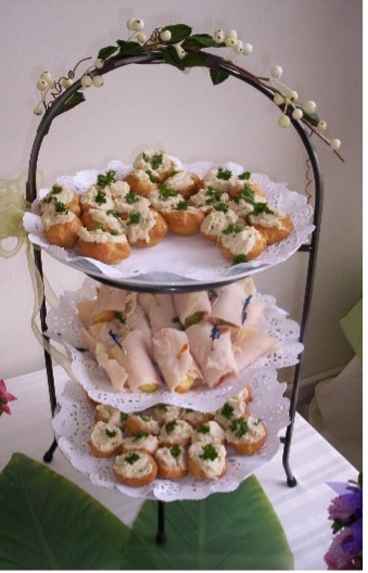 Examples of tea sandwiches on tiered platters