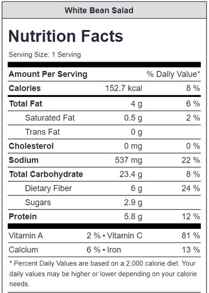 White Bean Salad
Nutrition Facts
Serving Size: 1 Serving
Amount Per Serving & % Daily Value*
Calories: 152.7kcal 8%
Total Fat: 4g 6%
Saturated Fat 0.5g 2%
Trans Fat 0g
Cholesterol 0mg 0%
Sodium 537mg 22%
Total Carbohydrate 23.4g 8%
Dietary Fiber 6g 24%
Sugars 2.9g
Protein 5.8g 12%
Vitamin A 2%
Vitamin C 81%
Calcium 6%
Iron 13%
*Percent Daily Values are based on a 2,000 calorie diet. Your daily values may be higher or lower depending on your calorie needs.