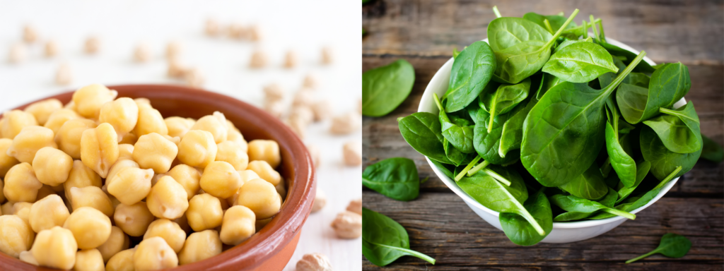 A bowl filled with garbanzo beans and a bowl filled with spinach.