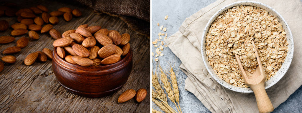 A wood bowl filled with almonds and a white bowl filled with oats.