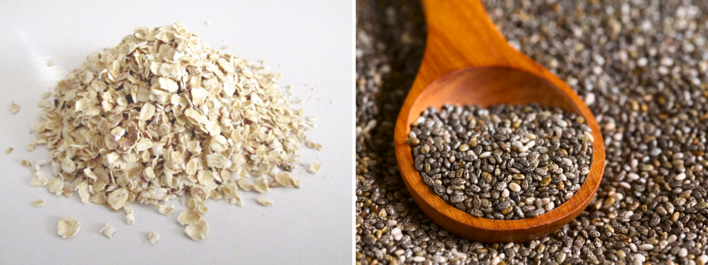 Left: A pile of oats.
Right: Chia seeds in a wooden spoon surrounded by more chia seeds.