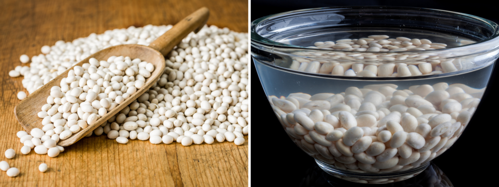 Left: A pile of dried white beans
Right: A bowl of white beans soaking in a bowl filled with water