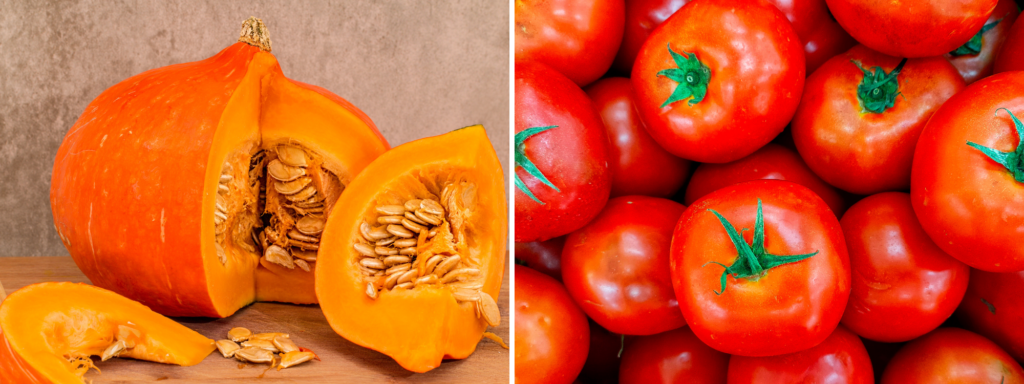 Left: A pumpkin that has been sliced into.
Right: A group of tomatoes.