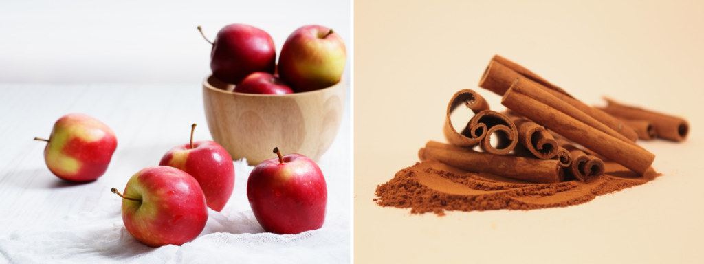 Left: Apples in and near a wooden bowl.
Right: Cinnamon sticks.