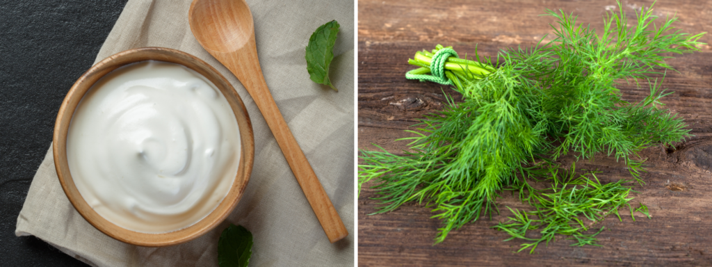 Left: A wooden bowl filled with plain yogurt. 
Right: A bunch of dill on a wooden table.