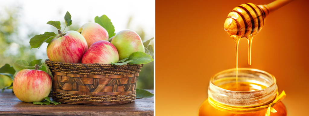 Left: A basket of apples on a wood table
Right: Honey drips into a jar