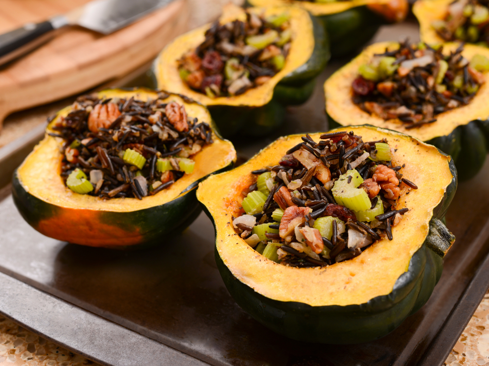 A roasted acorn squash filled with a savory mixture.